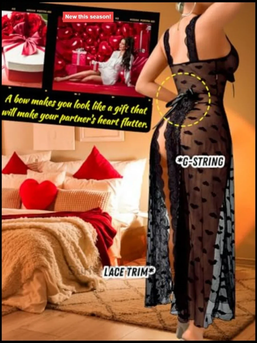 Sheer Mesh Lingerie Dress with Slit, Floral Lace, G String, 2 Piece Set